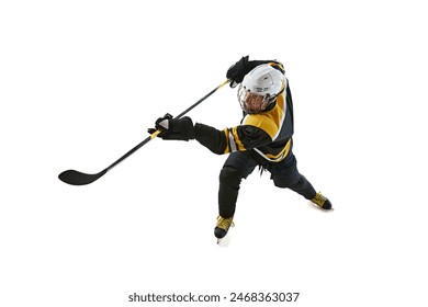 Top view of man, hockey player in motion with stick, training, playing isolated on white background. Confidence of winner. Concept of professional sport, competition, game, tournament - Powered by Shutterstock