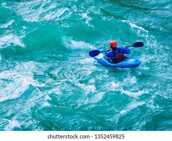 Top View  Of Man Kayaking In White Water Of Ganges In Rishikesh India 