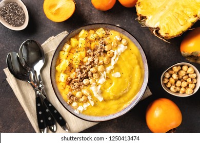 Top View Of Mango Smoothie Bowl With Fruits