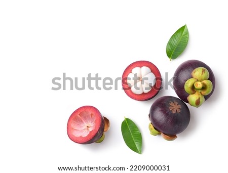 Top view of Mangosteen with cut in half isolated on white background. Clipping path.