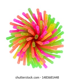 Top view of many multicolored plastic cocktail tubes in a glass. Drinking straws of bright neon colors. Isolated on white background. - Powered by Shutterstock