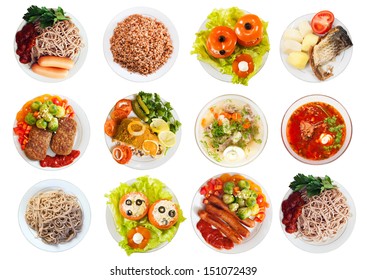 Top View Of Many Plates With Food Over White Background