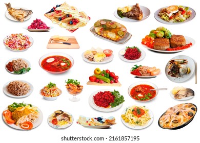 Top View Of Many Plates With Tasty Food Over White Background