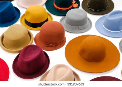 Top view many woman hat isolated 