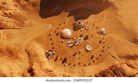Top view of Mars surface with research station, colony or scientific base. Space mission on red planet. Technological advance of the future. Futuristic human colonization and exploration concept. - Shutterstock ID 2340591237
