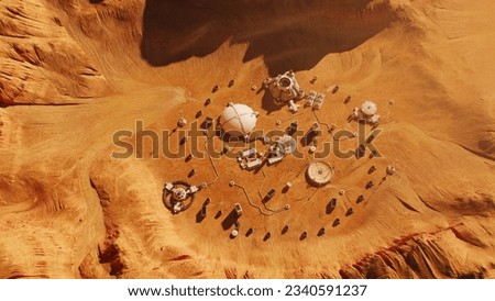Top view of Mars surface with research station, colony or scientific base. Space mission on red planet. Technological advance of the future. Futuristic human colonization and exploration concept.