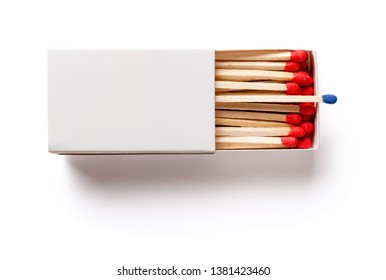 top view matchbox with one blue matchstick other in red on white with clipping path