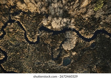 Top view of meander river and fields with forest during late autumn before winter