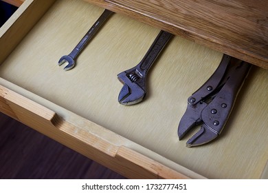 Top view of mechanic tool in wooden drawer - Shutterstock ID 1732777451