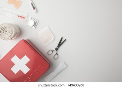 Top view of medicine chest with medical supplies isolated on white - Shutterstock ID 743430268