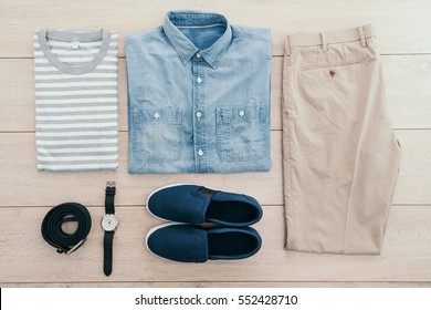 Top Of View Men Fashion Set With Jean Shirt Long Pants Shoes Watch And Belt On Wooden Background - Vintage Light Filter