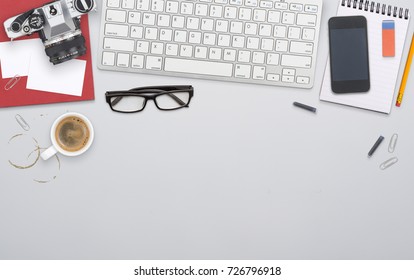 Top View Messy Home Office Desk Setting