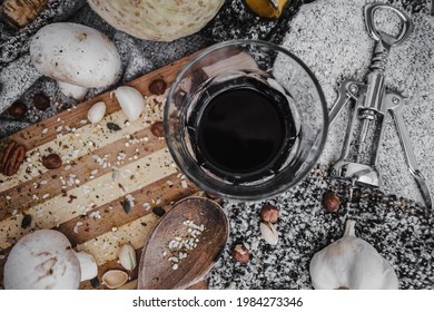 A Top View Of A Messy Kitchen Table With Herbs And Spices