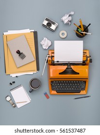 Top View Messy Retro Writers Desk