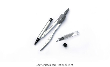 Top view of a metal drawing compass set with spare pencil leads and a lead holder on white background. Ideal for technical drawing, drafting, and geometry. - Powered by Shutterstock - Get 15% off with code: PIKWIZARD15