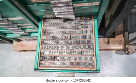 Top View Of The Metal Letter Stamps On The Tray Cabinet Inside The Old Press Style Printing Station