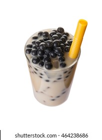 Top View Of Milky Bubble Tea With Black Tapioca Pearls Piled On Top Isolated On White