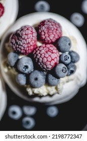 Top View Of Mini Pavlova Nest Meringue Filled With Mascarpone Cheese