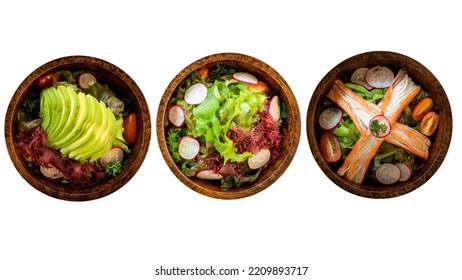 Top View Of Mix Salad In Wooden Bowl, Surimi Salad, Vegie Salad, Avocado Salad. Isolated On White Background.