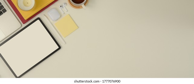 Top View Of Mock Up Scene Creator With Copy Space, Mock Up Tablet, Stationery And Coffee Cup On White Desk 