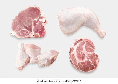 Top View Of Mockup Raw Chicken And Pork Chop Set Isolated On White Background. Clipping Path Included On White Background.