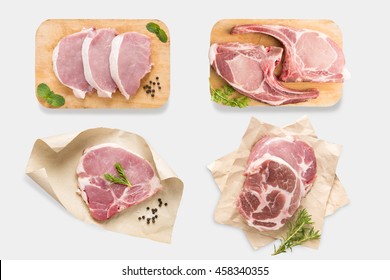 Top view of mockup raw pork chop steak set isolated on white background. Clipping Path included on white background.