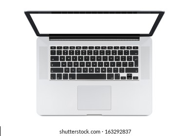 Top view of modern retina laptop with English keyboard isolated on white background. High quality.