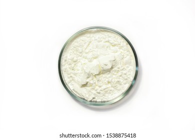 Top View Of Modified Starch In Chemical Glassware Isolated On White Background Closeup