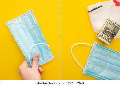 Top View Of Money Roll, Medical And Safety Mask And Female Hand On Yellow Background, Collage