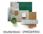 Top view moodboard. Material samples. Green, stone, wood.         