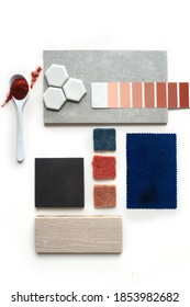 Top view moodboard. Material samples. Blue, red, orange, black, light wood.A spoonful of red color           - Shutterstock ID 1853982682