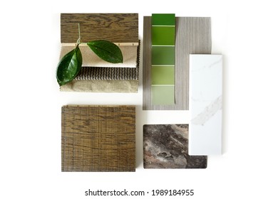 Top view moodboard. Material samples. Green, stone, wood.	
                   - Shutterstock ID 1989184955