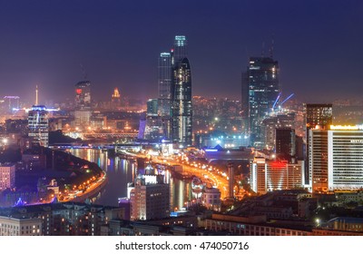 Top View Of Moscow City Skyline At Night