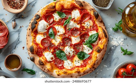 Top view of a mouth-watering artisanal pizza with pepperoni, mozzarella, basil, and tomato sauce on a marble surface - Powered by Shutterstock