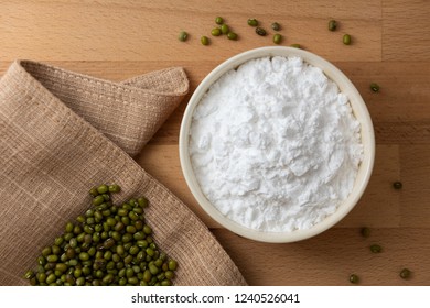 Top View Mung Bean Starch Powder In White Bowl With Wooden Background