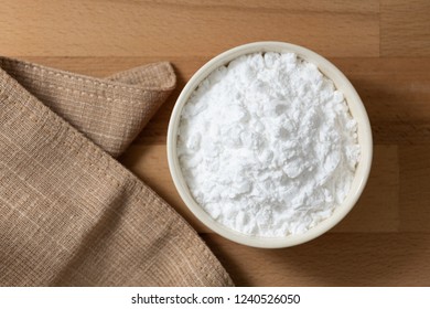 Top View Mung Bean Starch Powder In White Bowl With Wooden Background