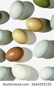 Top view natural easter Eggs with shadows on light background, minimal trend food pattern from assorted organic Chicken egg with neutral earth color eggshells, Easter food celebration concept