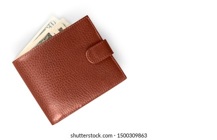 Top view of New black genuine leather wallet with banknotes and credit card inside isolated on white background.
