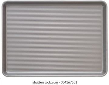 Top view of a New Gray Corrugated Metal Baking Cookie Sheet Pan Isolated on White Background.  Closeup horizontal and rectangle shaped