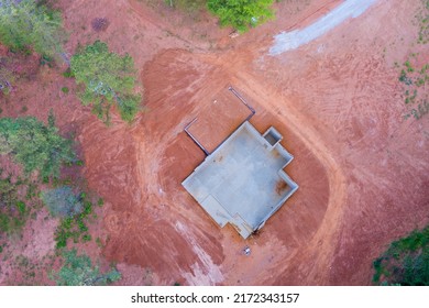 Top View Of The New Home Foundation With Concrete From An Aerial Perspective