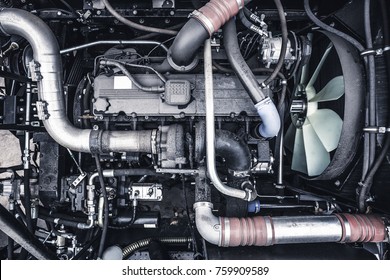 Top View Of New Modern Diesel Agricultural  Tractor Or Combine Or Car Motor Or Harvester Engine, Toned