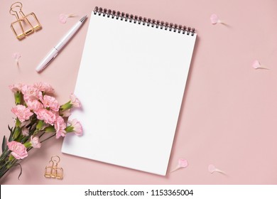 Top View Note Book Anf Flowers On The Desktop. For Wedding Planner Concept