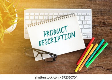 Top view notebook with keyboard concept writing PRODUCT DESCRIPTION - Shutterstock ID 592350704