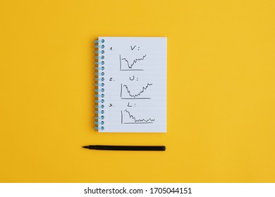 Top view of notepad with different types of recession graphs drawn in it.