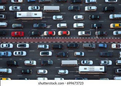 Top view of numerous cars in a traffic jam in Dubai, United Arab Emirates - Shutterstock ID 699673723