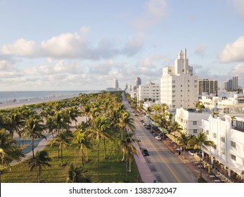 Top View Of Ocean Drive. South Beach Miami. Drone View