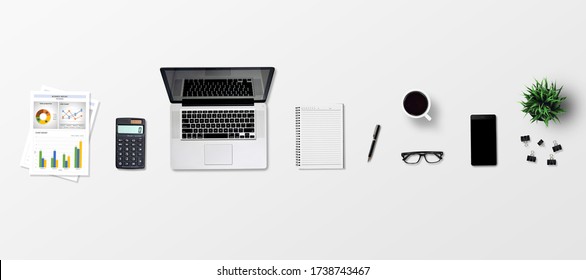 Top view office desk   supplies  and copy space  Creative flat lay photo workspace desk/Panoramic banner gray background