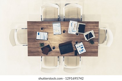 Top View Of Office Meeting Room Table With Nobody. Business Concept.