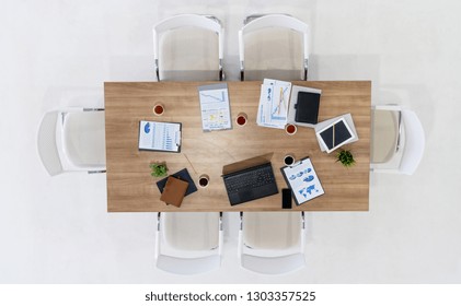 Top View Of Office Meeting Room Table With Nobody. Business Concept.