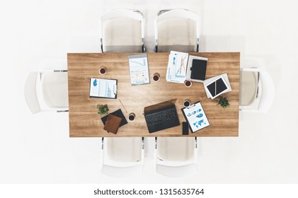 Top View Of Office Meeting Room Table With Nobody. Business Concept.